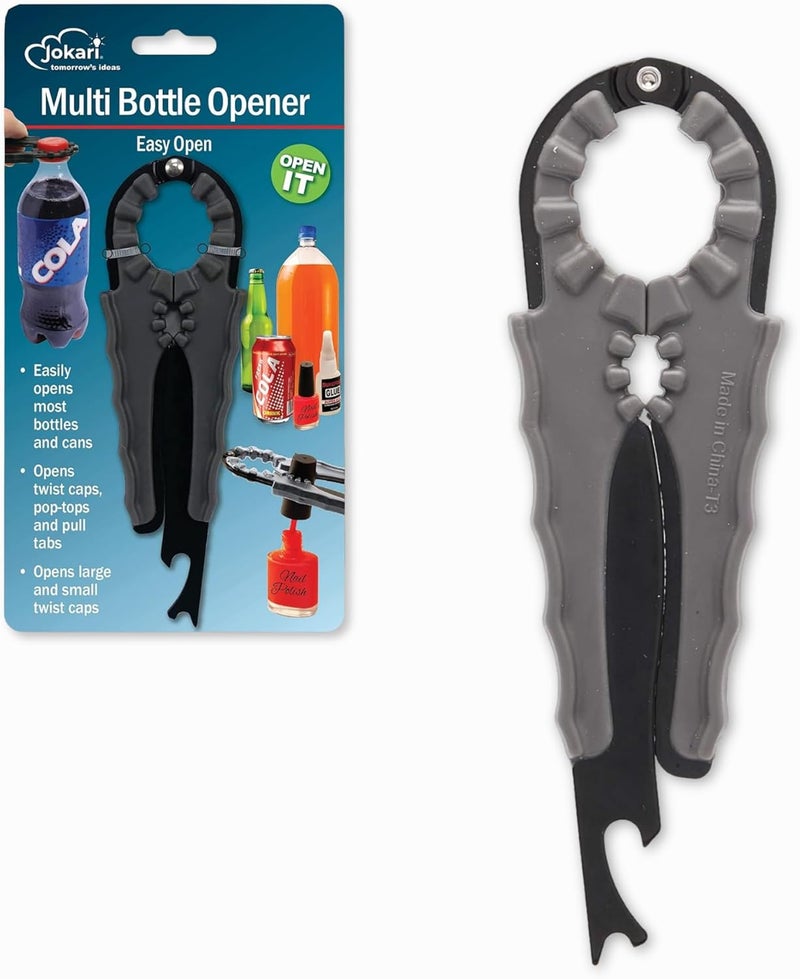 Jokari Multi Bottle Opener for Jars Bottles and Cans 3 in 1 Easy Grip Lid Opener for Weak Hands Twist Caps Pull Tabs Pop Tops and Small Lids Arthritis Aid Manual Kitchen Tool Black - Image 1